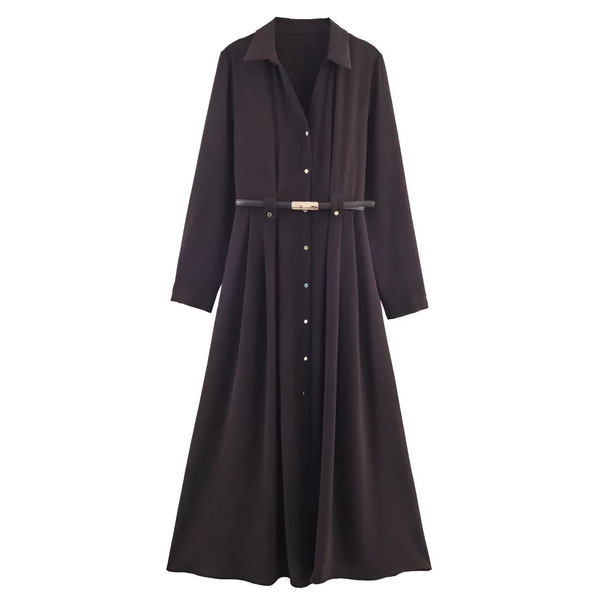 Women's shirt-style dress with striped pattern, pleated asymmetrical short skirt, and matching belt on a model