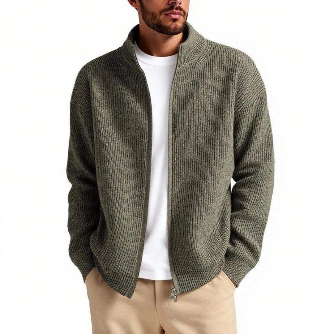 Loose men's cardigan sweater coat in acrylic blend, shown in milky white colour