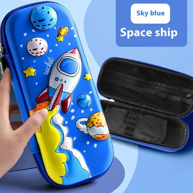 3D leather pencil case with embossed astronaut rocket pattern on surface