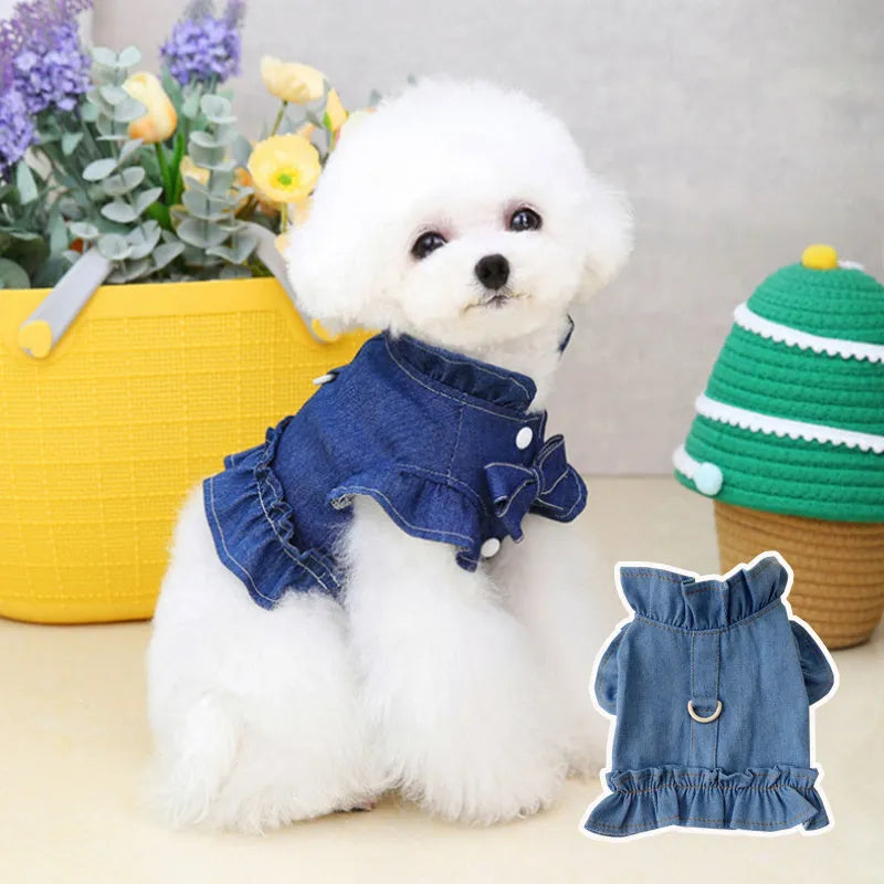 Blue denim dog dress with ruffles and leash attachment points on chest and back