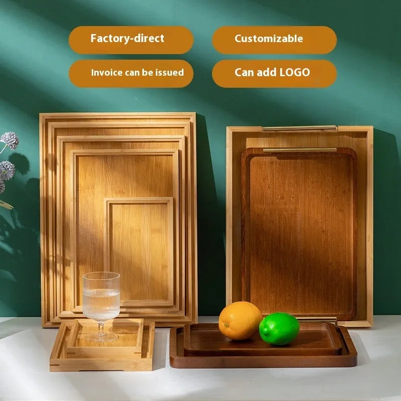 Brown-handled bamboo serving tray in square shape for barbecue shops and hotels.