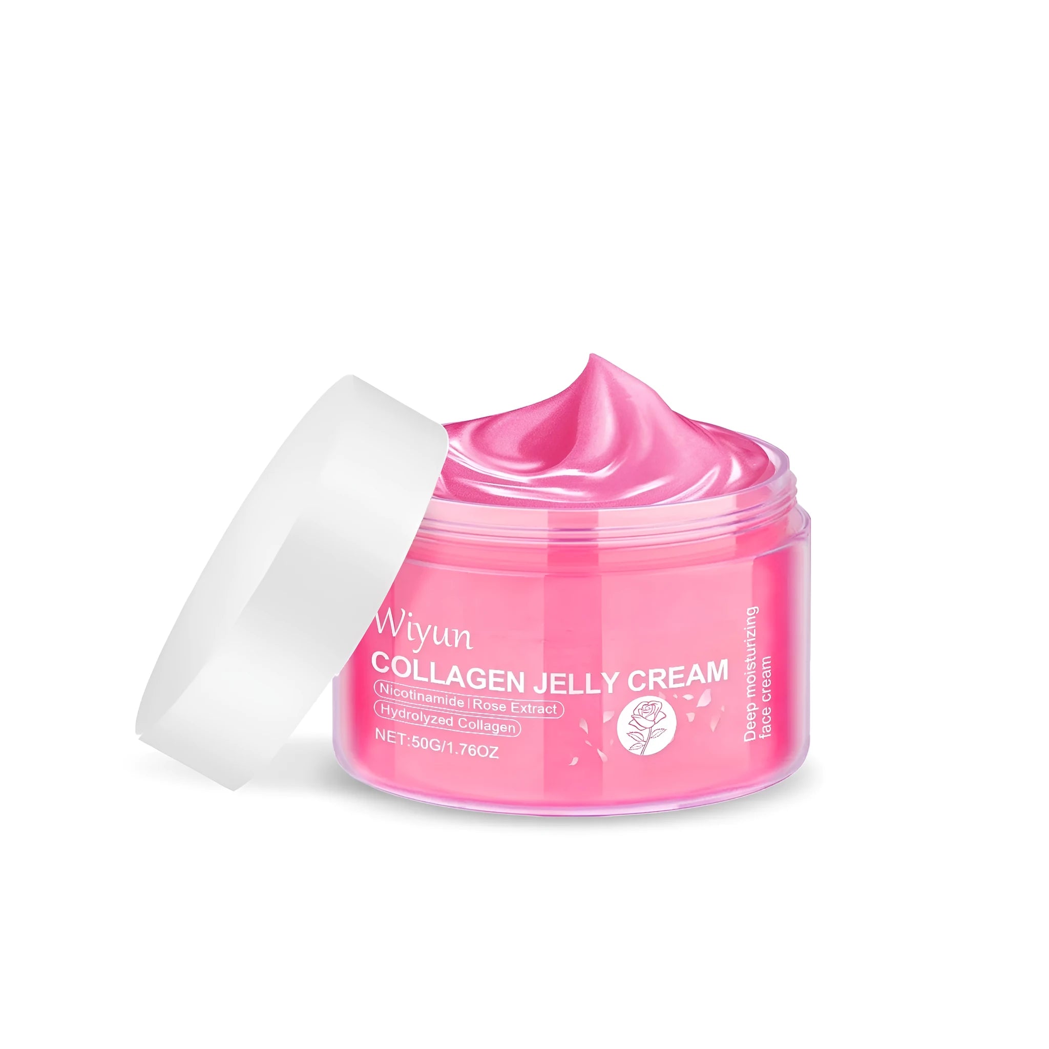 50g container of Collagen Rose Jelly Cream with rose extract and hydrolysed collagen.