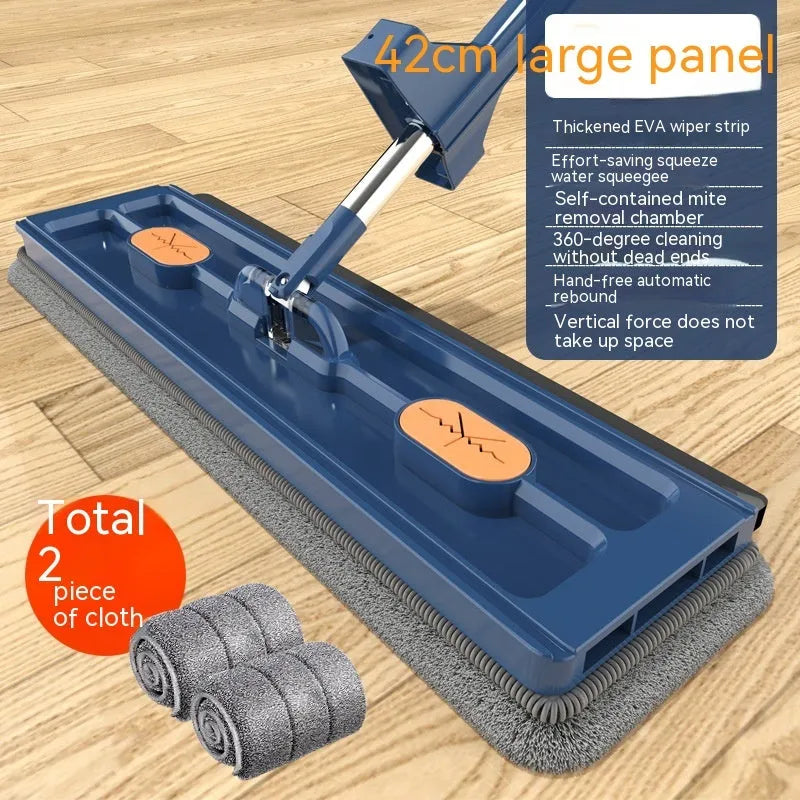 Large flat mop with blue rotating head and stainless steel long handle next to two microfibre cloths