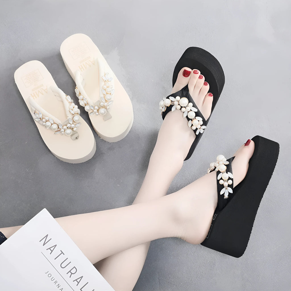 Women's high-heeled flip-flop sandals with cotton cloth upper in beige colour