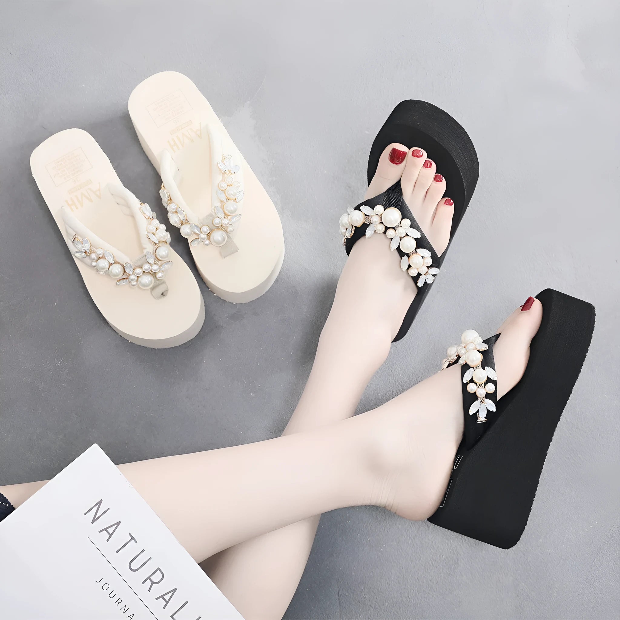 Women's high-heeled flip-flop sandals with cotton cloth upper in beige colour