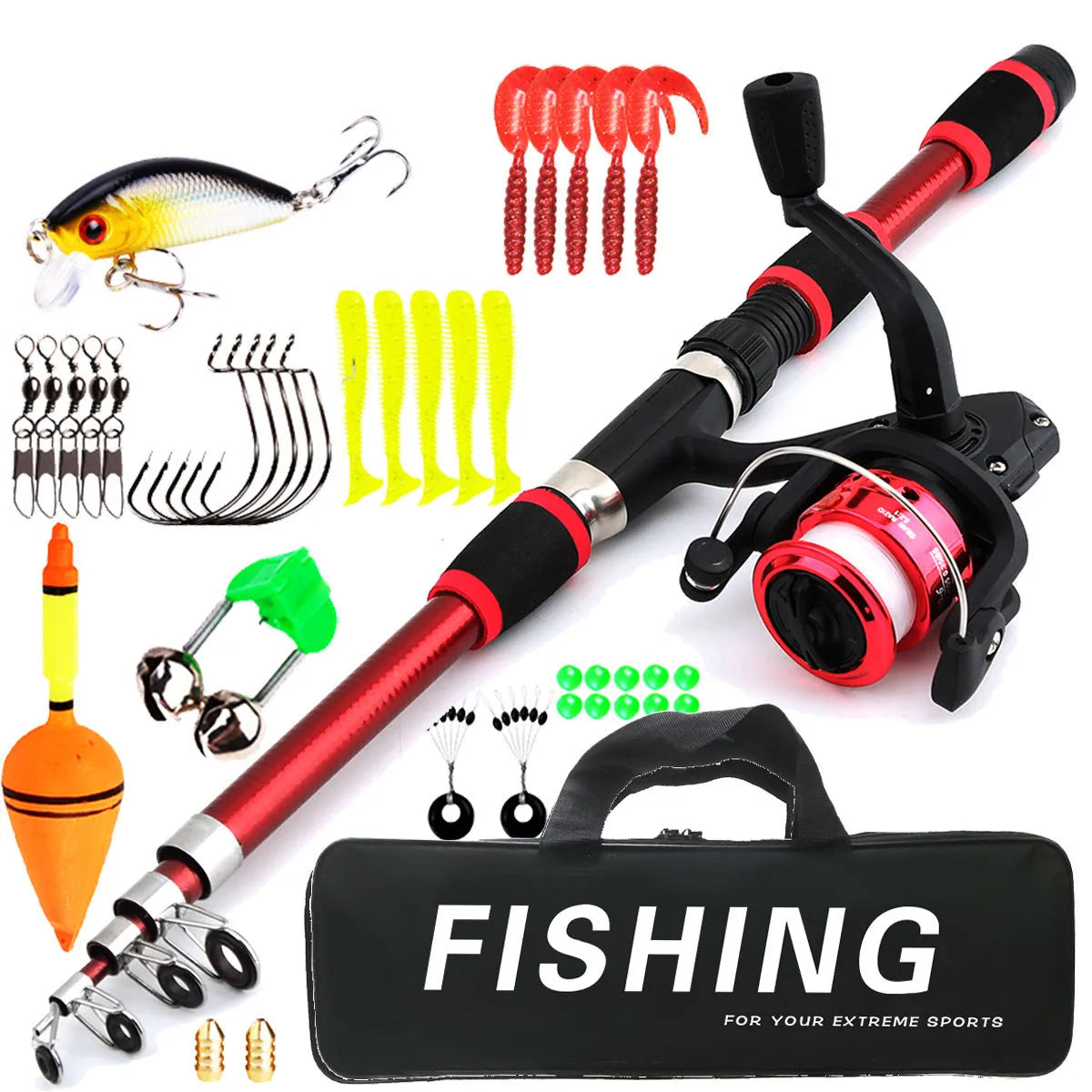 Children's fishing rod and reel starter set in multiple colour options with telescopic pole