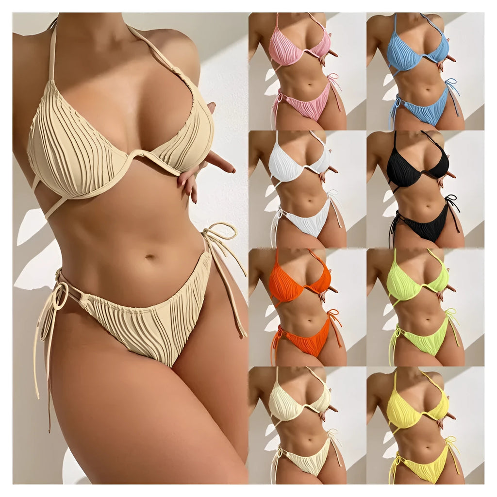 Women's apricot coloured split bikini swimsuit with steel bracket underwire on a mannequin.