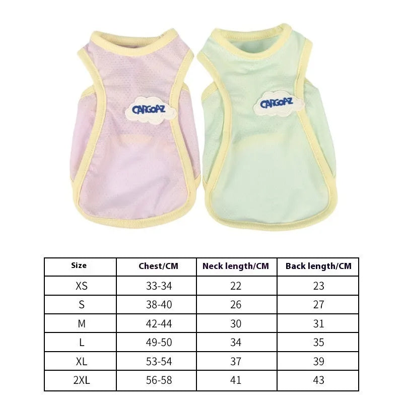 Light green polyester cat vest with a sports cut, shown on a feline model