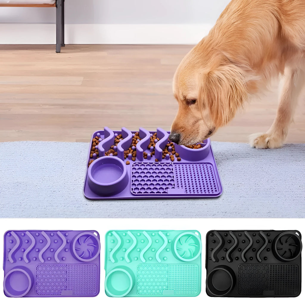 Multi-functional silicone pet slow feed lick mat in black, 304x204x42mm, foldable and portable for dogs cats