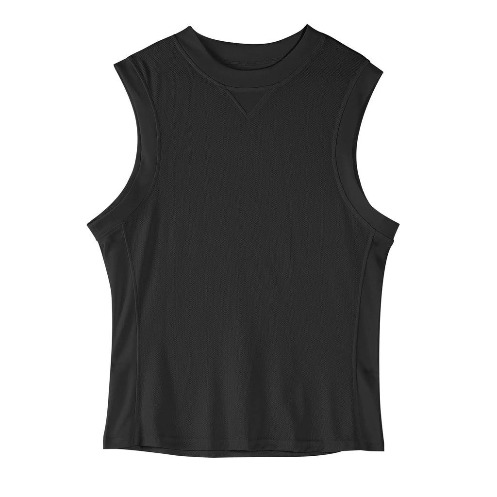 Men's loose-fitting white sports vest made from quick-dry polyester blend fabric.
