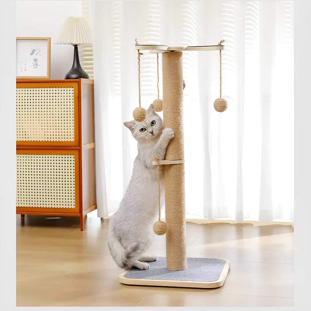 Simple cat climbing frame with windmill design and hanging ball toy on carpet leather surface