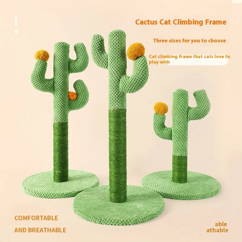 Cotton rope cat scratch climbing pole in cactus or coconut tree design for claw sharpening.