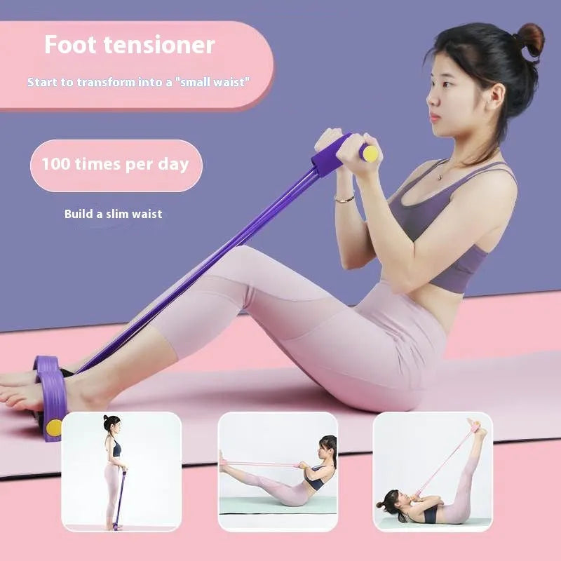 Yoga four piece fitness set showing leg stretcher, foot pedal, yoga ring, and figure eight tension rope