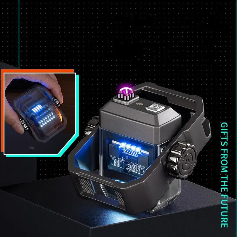 Blue windproof double arc electric lighter with a mechanical gyroscope and USB Type-C charging port.