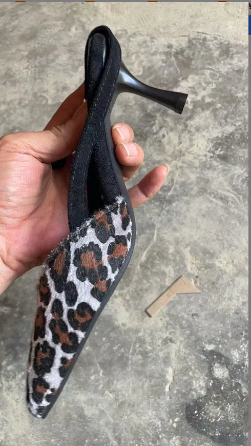 Women's leopard print suede sandals with a scattered pointed toe and high heel
