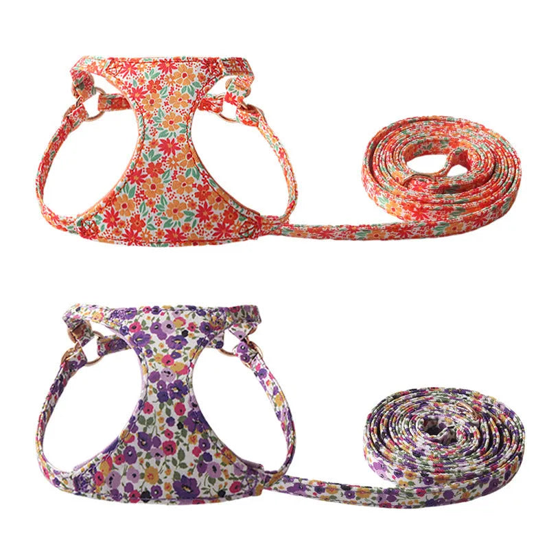Floral series dog harness and leash set in cloth material with multiple colour options