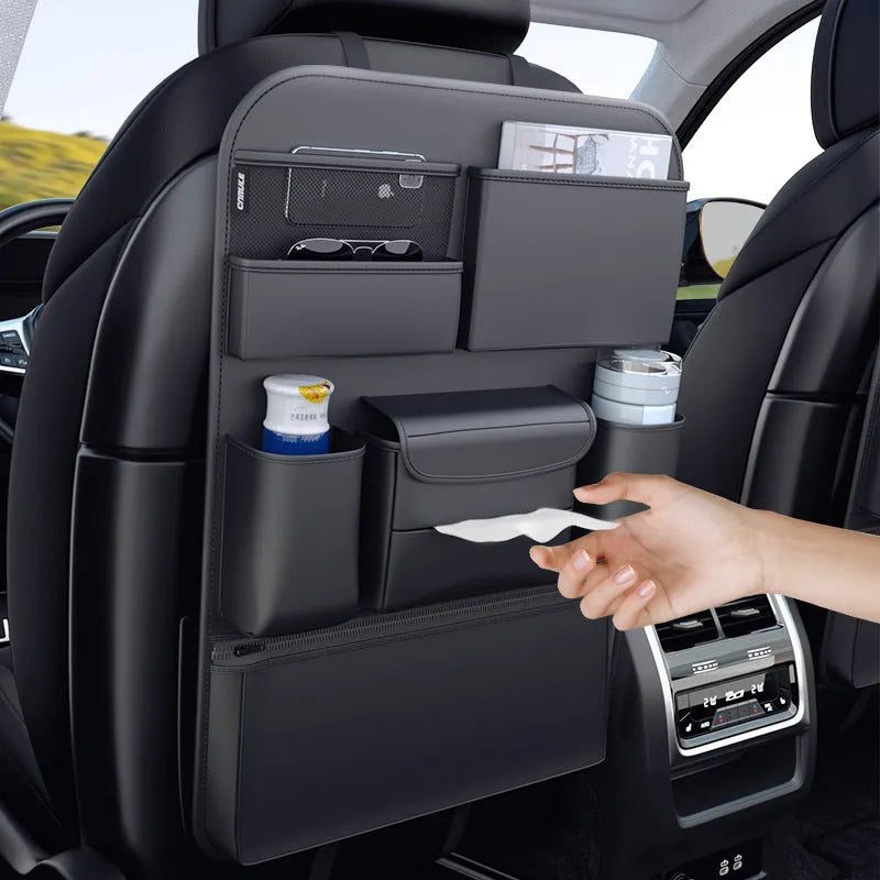 Black leather car seat back hanging storage bag with handle shown in large and small size options