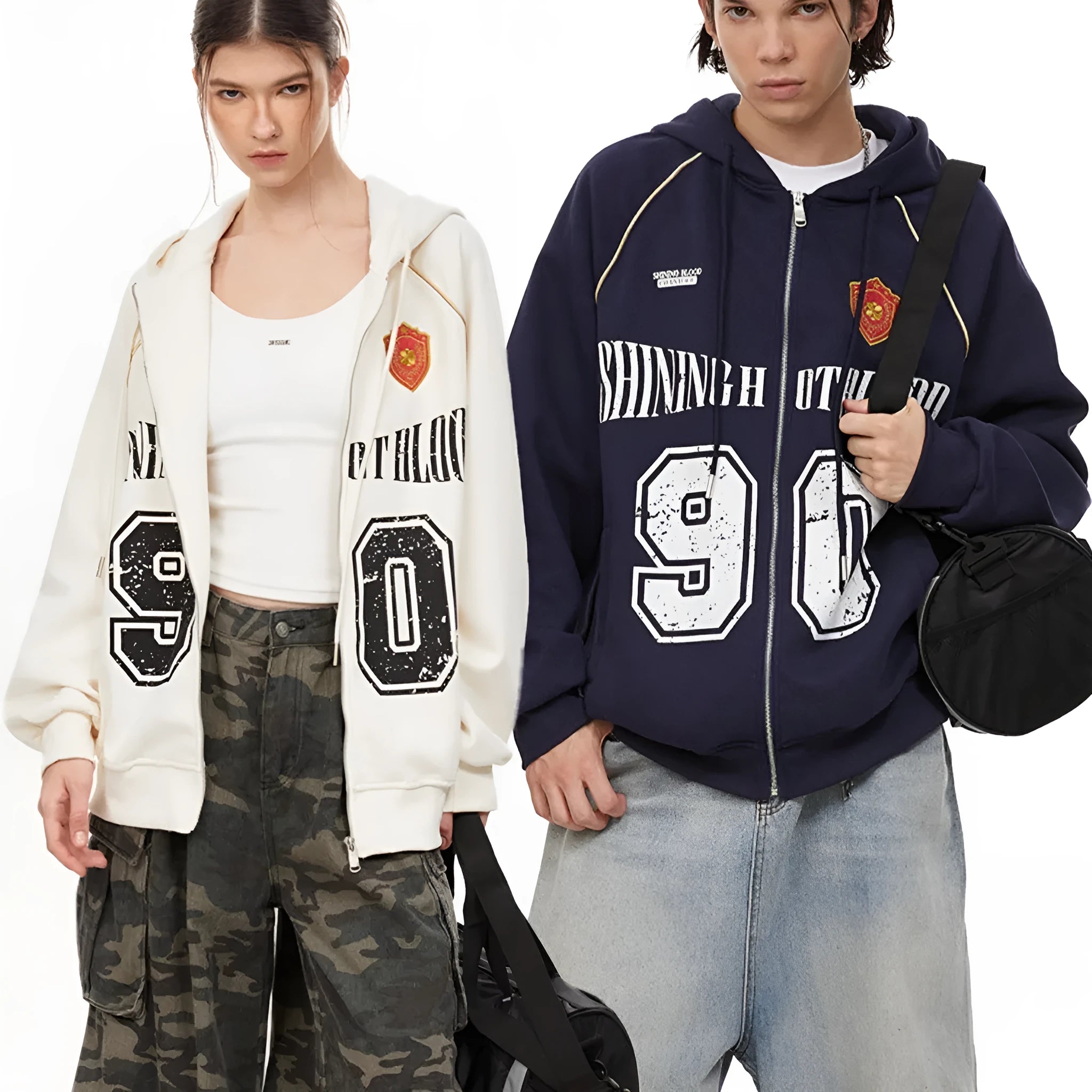 Women's loose American retro style hooded jacket with letter embroidery in a cotton blend fabric.