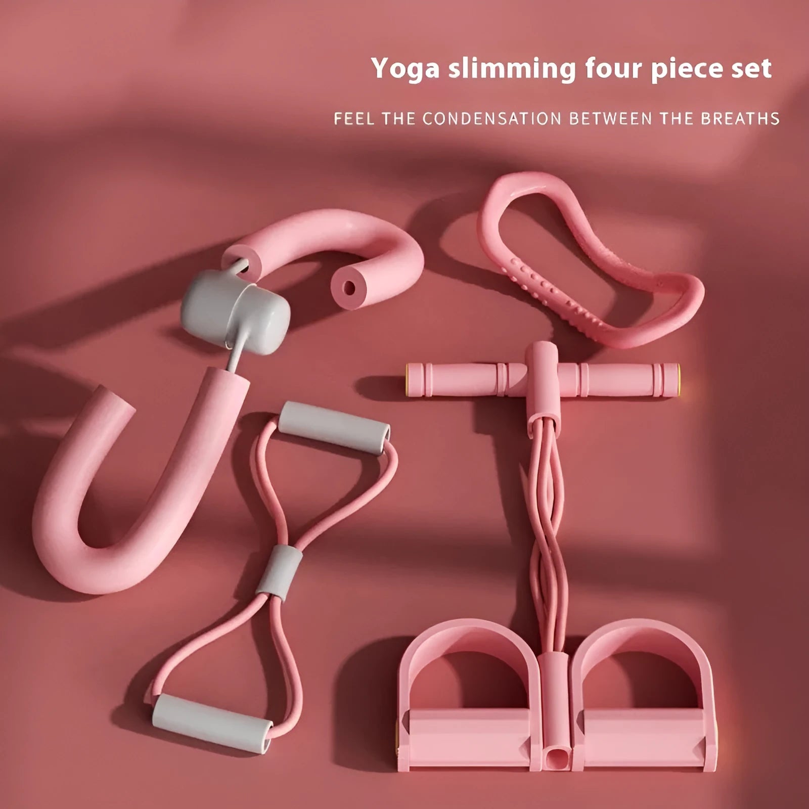 Yoga four piece fitness set showing leg stretcher, foot pedal, yoga ring, and figure eight tension rope