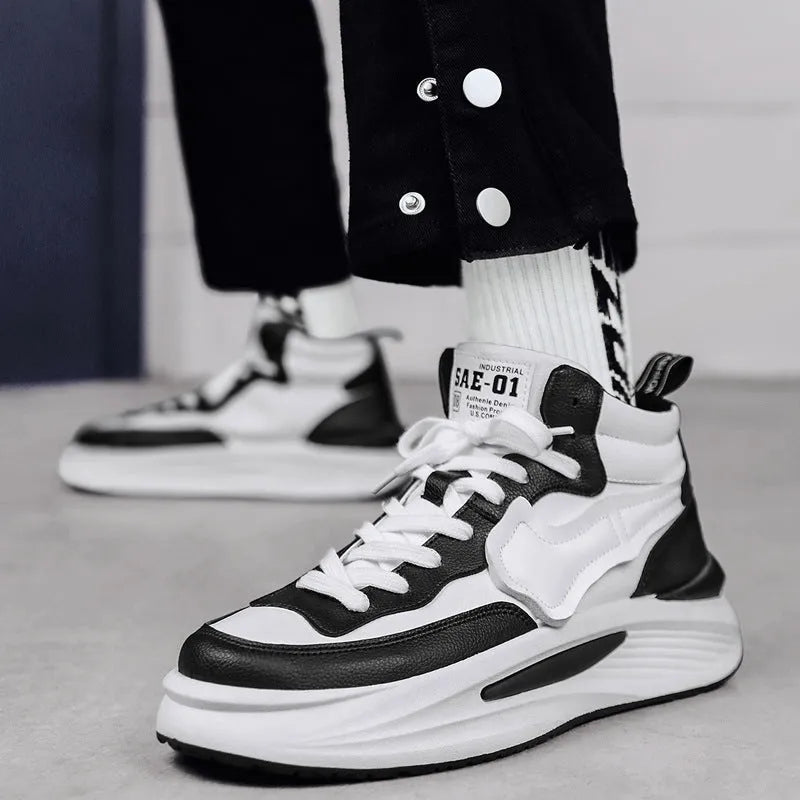 Men's black and white high-top platform board shoe with round toe