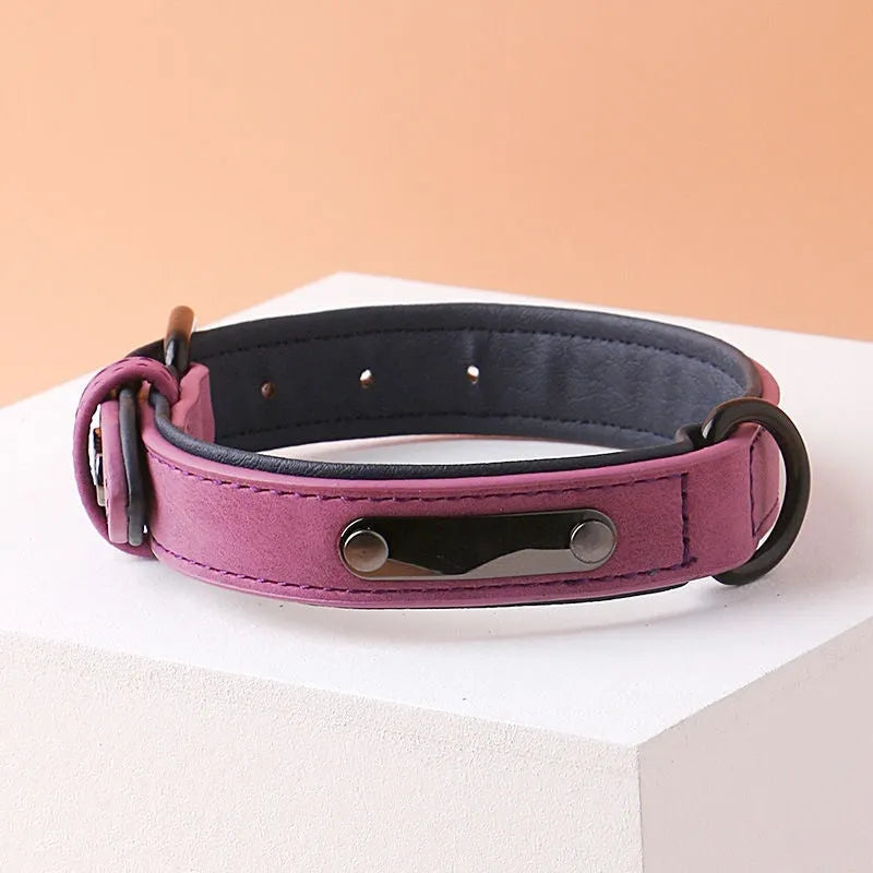 Adjustable dog collar in purple showing durable PU front and microfiber back, with size options.