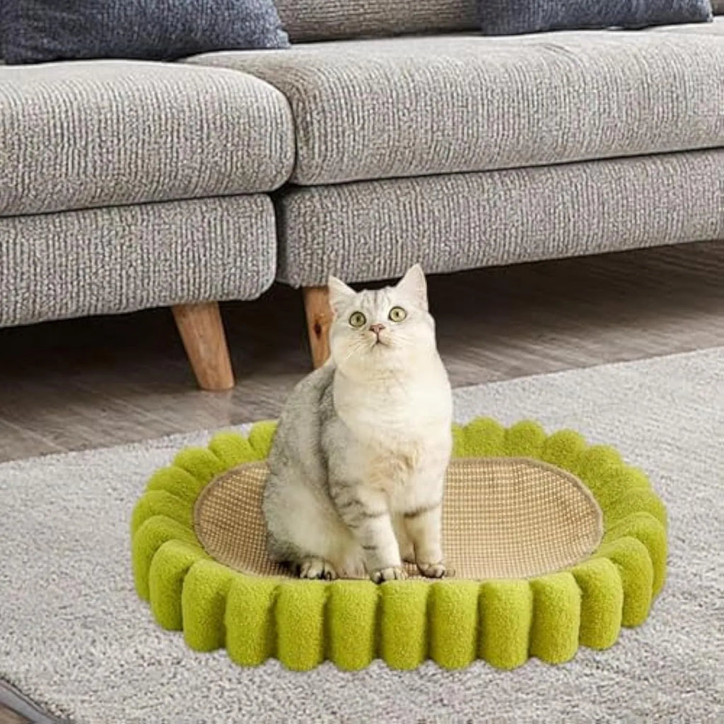 Green oval cat scratch pad and lounger bed made from sisal fabric.