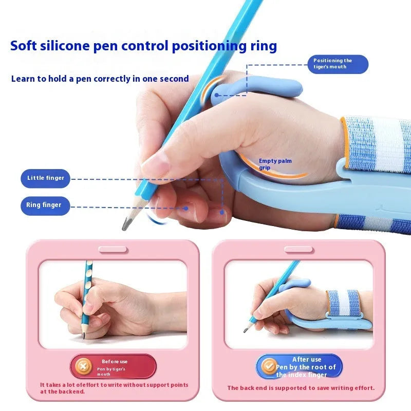 Blue and pink anti-hook pen control corrector wrist brace on a writing surface.