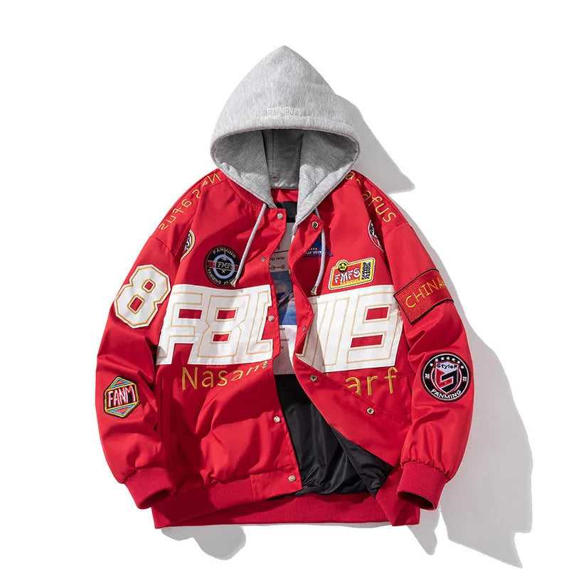 Black American motorcycle baseball jacket with removable hood and side pocket on a mannequin.