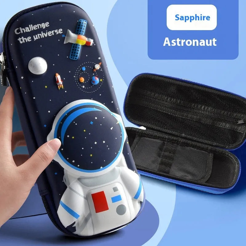 3D leather pencil case with embossed astronaut rocket pattern on surface