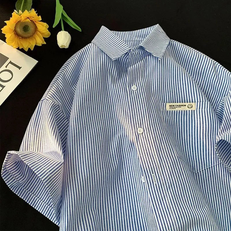 Blue and green striped loose fit polyester shirt with half sleeves
