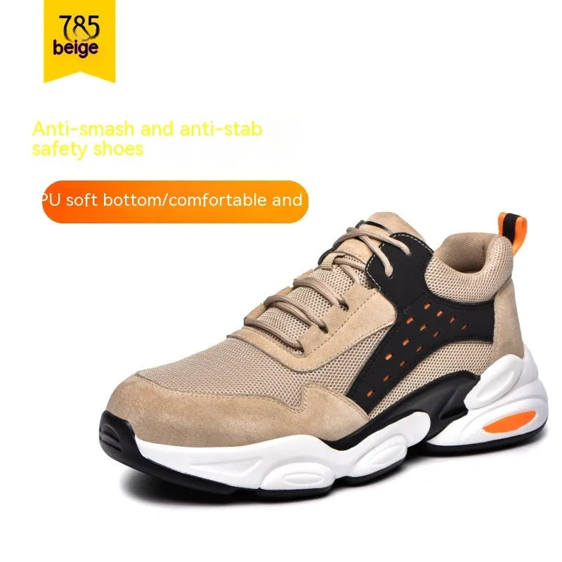 Men's flyknit mesh PU sole safety work shoes in black, grey, beige colours with anti-smash anti-puncture features