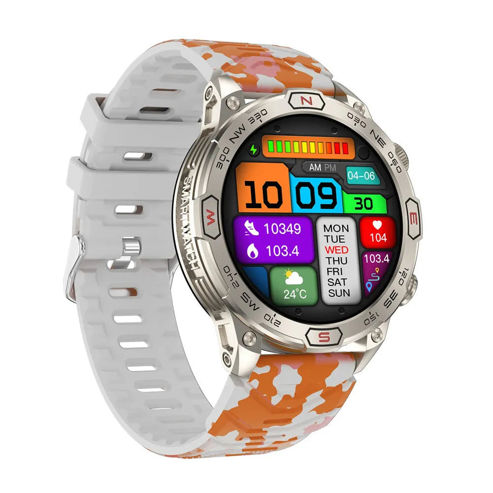 Black sports smartwatch with AMOLED screen on a silicone strap, showing fitness stats.