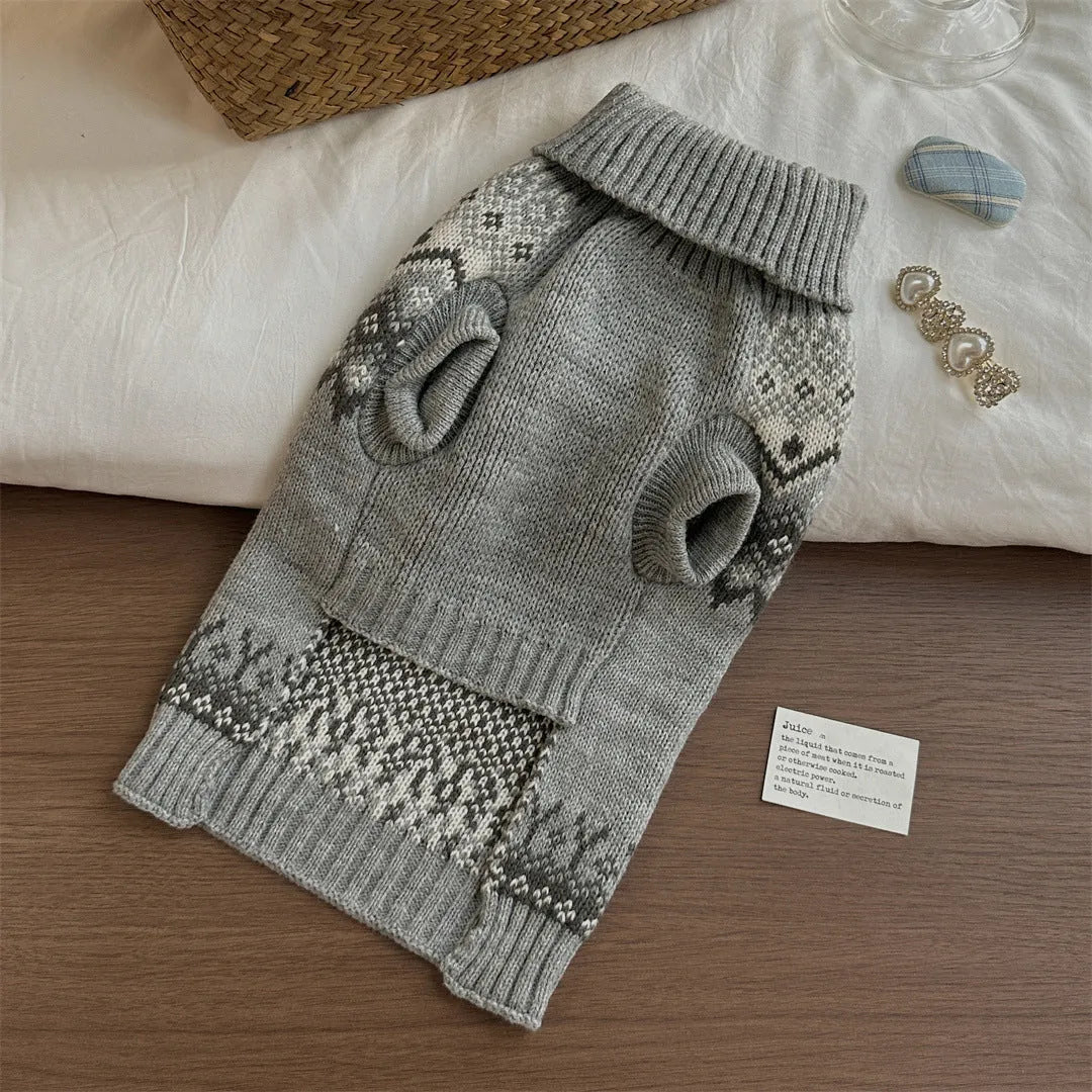 Grey Fair Isle polyester sweater for little dogs and teddy breeds, autumn winter pet clothing