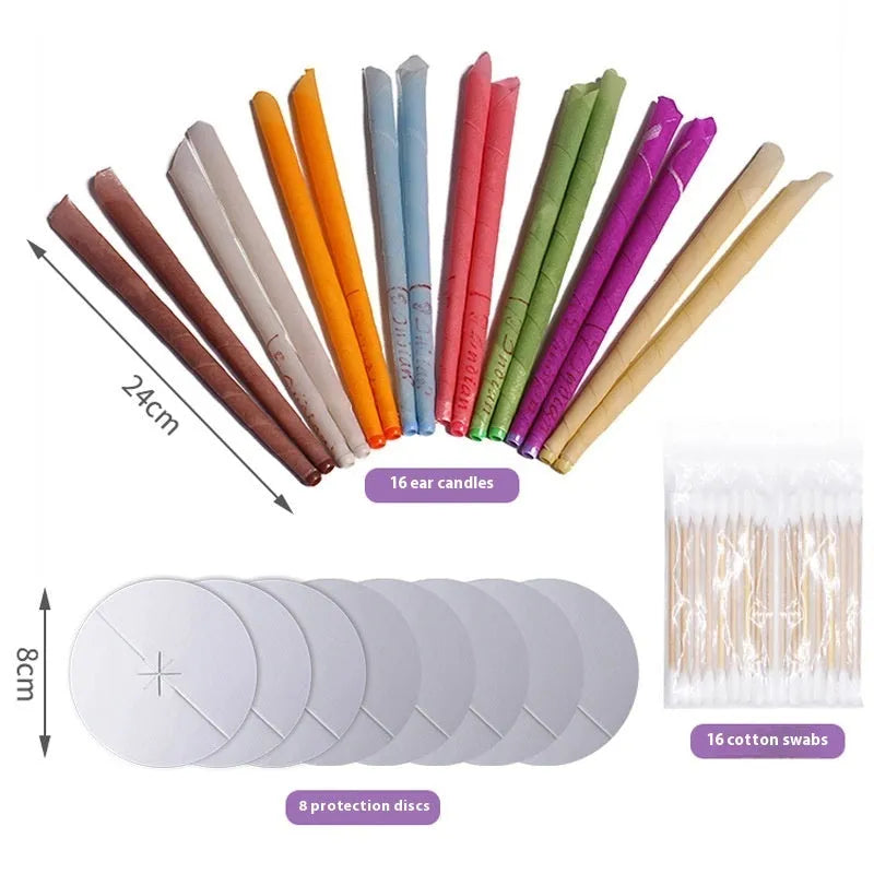 MQ Horn ear candle health massage kit showing cotton candles, protection boards, and swabs in assorted colours.