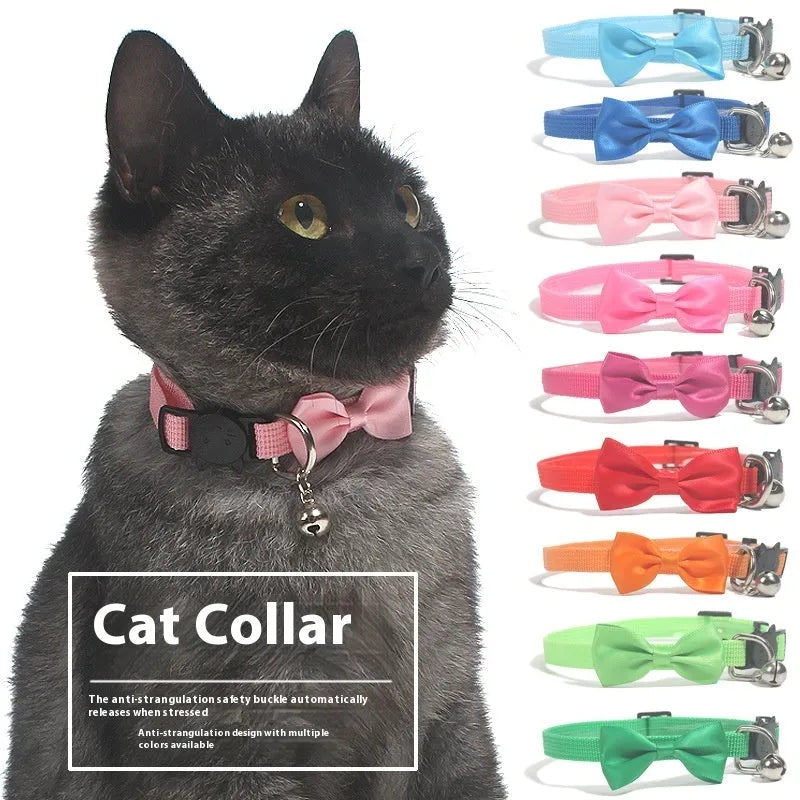 Adjustable nylon cat collar with bell in striped pattern showing multiple colour options