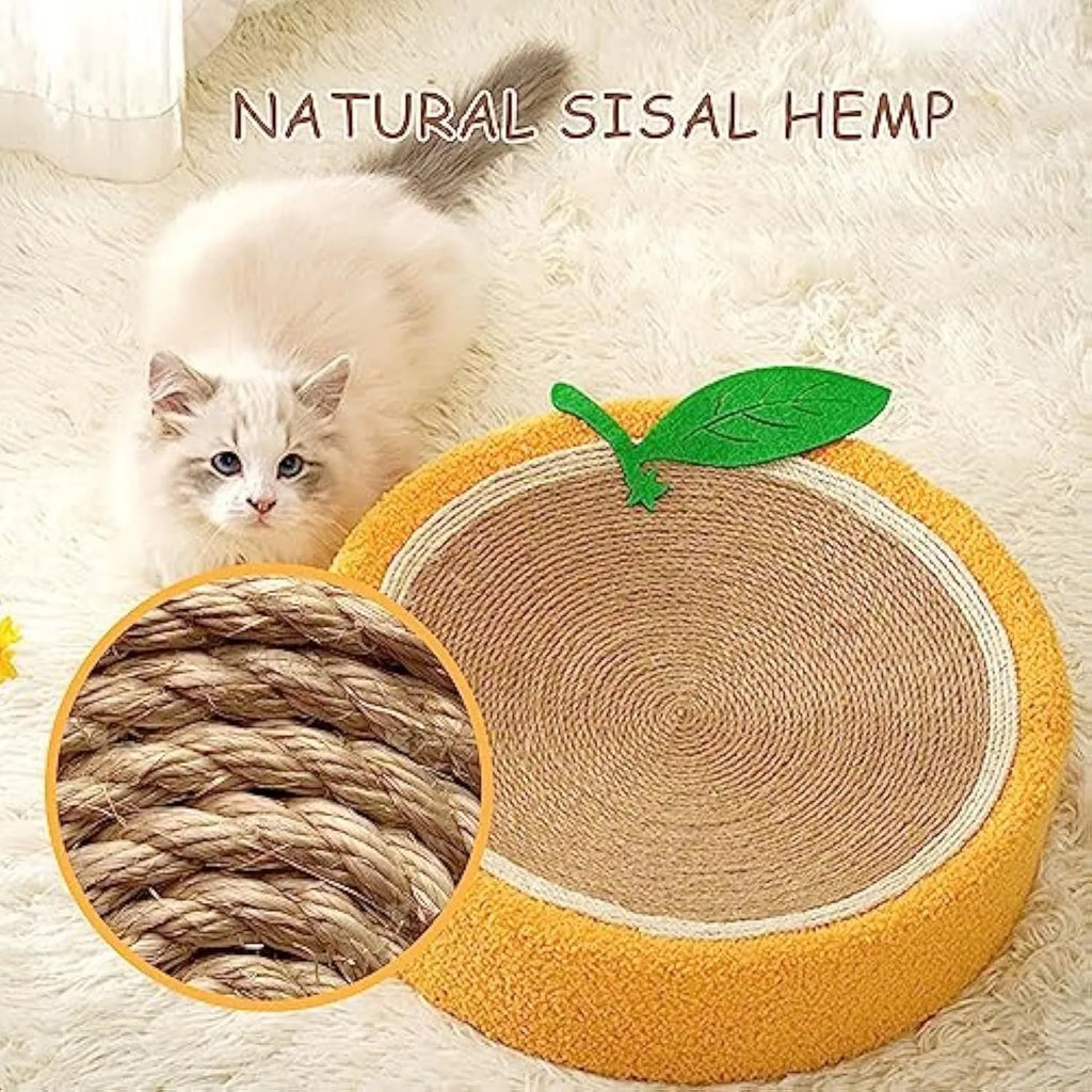 Yellow round cat scratching board with sisal surface and concave cat bed centre