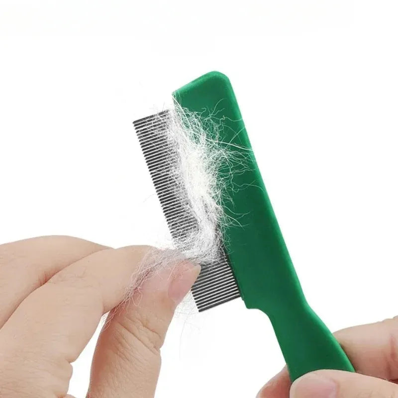 Green plastic handle pet flea comb with stainless steel pins for dog and cat grooming