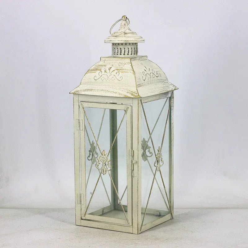 European wrought iron floor-standing storm lantern with tempered glass in black or white gold brush finish