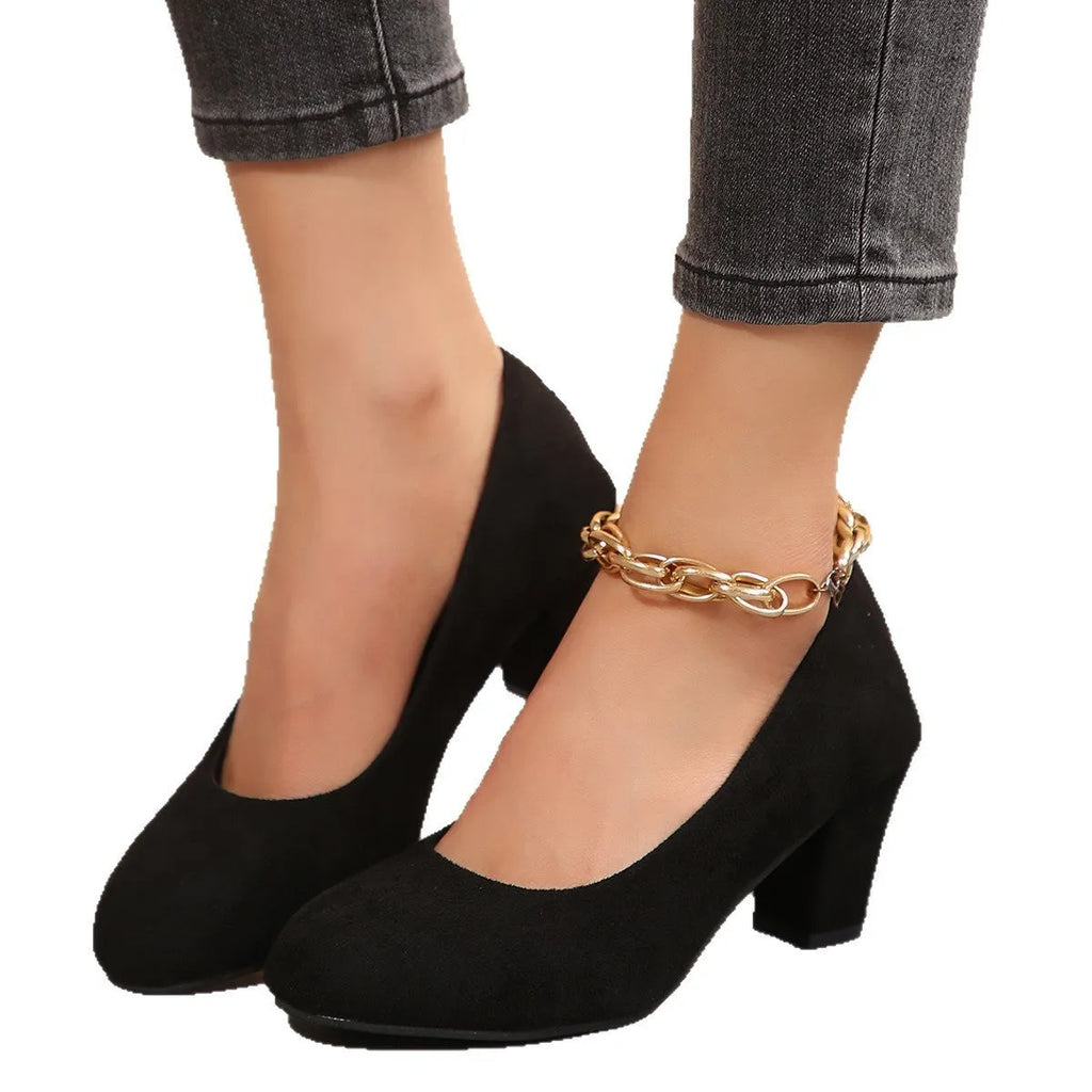 Women's slip-on suede high heels in solid colour, round toe, thick heel