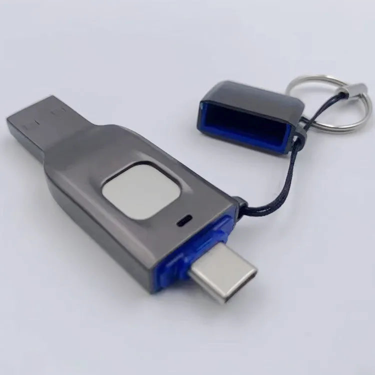 Black fingerprint encrypted USB flash drive with USB 3.0 and USB-C connectors for secure computer and mobile storage