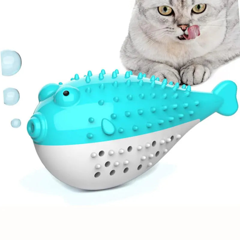 Silicone fish chew toy for cats in blue, green, pink or yellow colour options