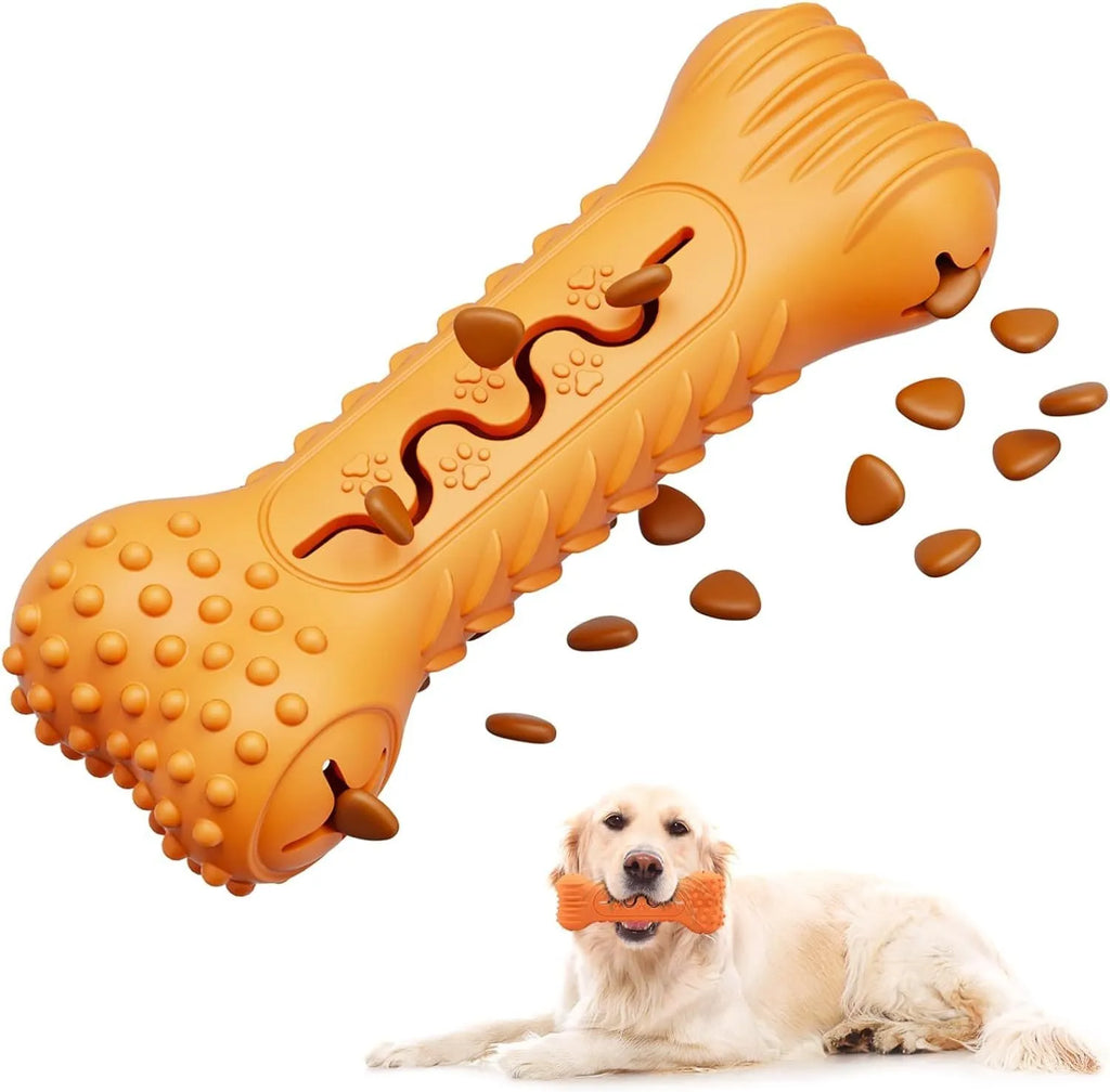 Blue natural rubber bone-shaped dog chew toy for aggressive chewers on a white background.