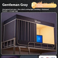 Grey polyester bed curtains with integrated mosquito net for a single bed.