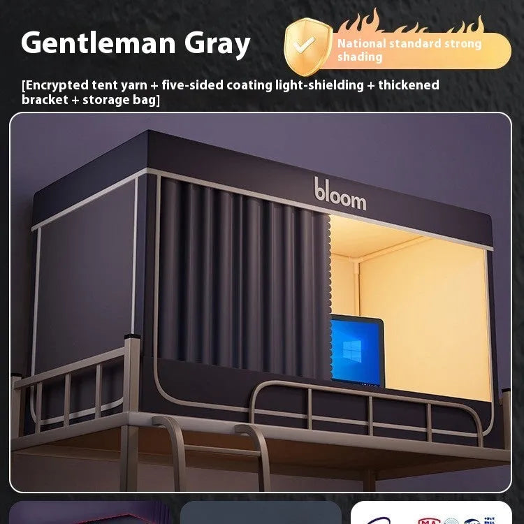 Grey polyester bed curtains with integrated mosquito net for a single bed.