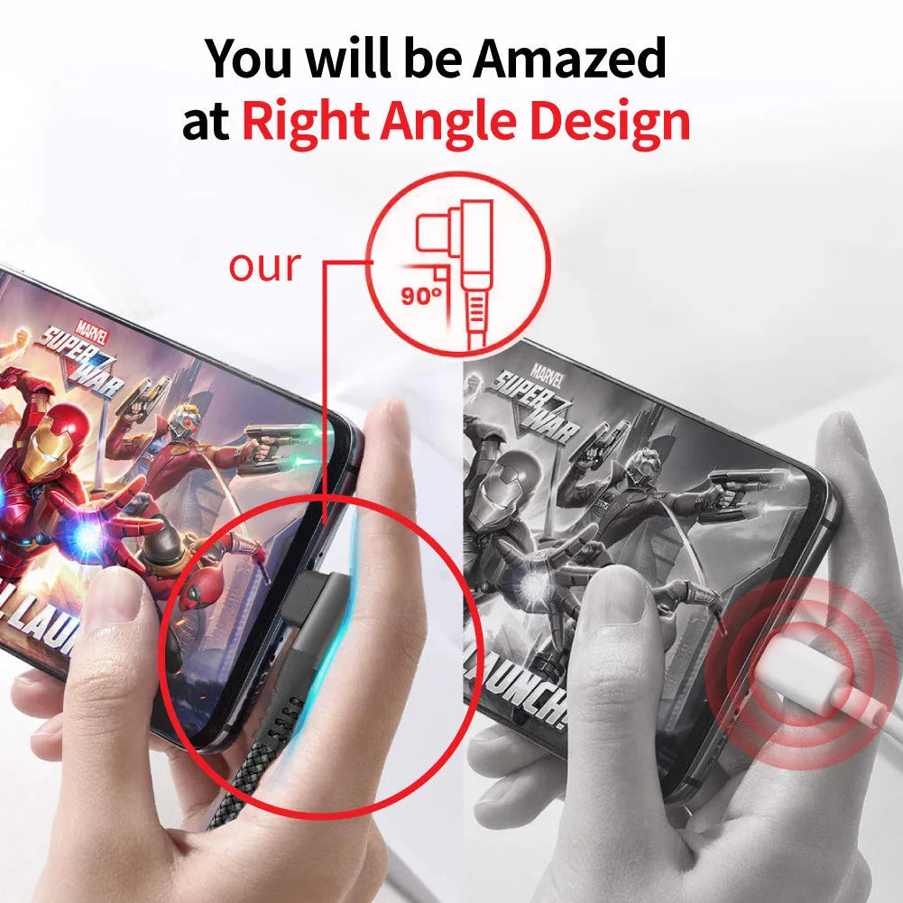 Double-headed charging cable with woven black sheath, Lightning and USB-C ends, 15pd fast charging – 1m 2m 3m lengths