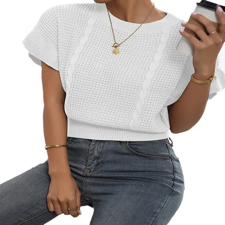 Knitted pullover sweater with twisted string ruffled short sleeves and round neck in loose casual style