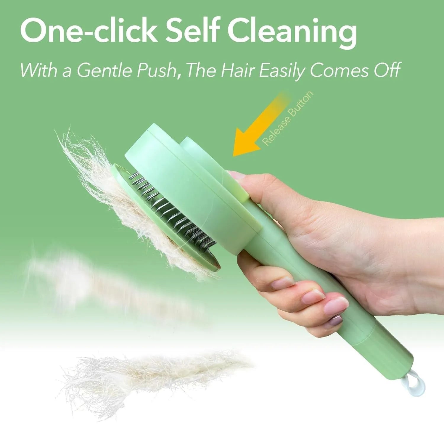 Green pet grooming brush with stainless steel bristles and hanging loop