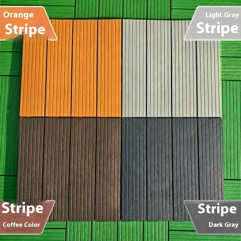 Ten wood grain plastic floor tiles showing non-slip surface and splicing edges.