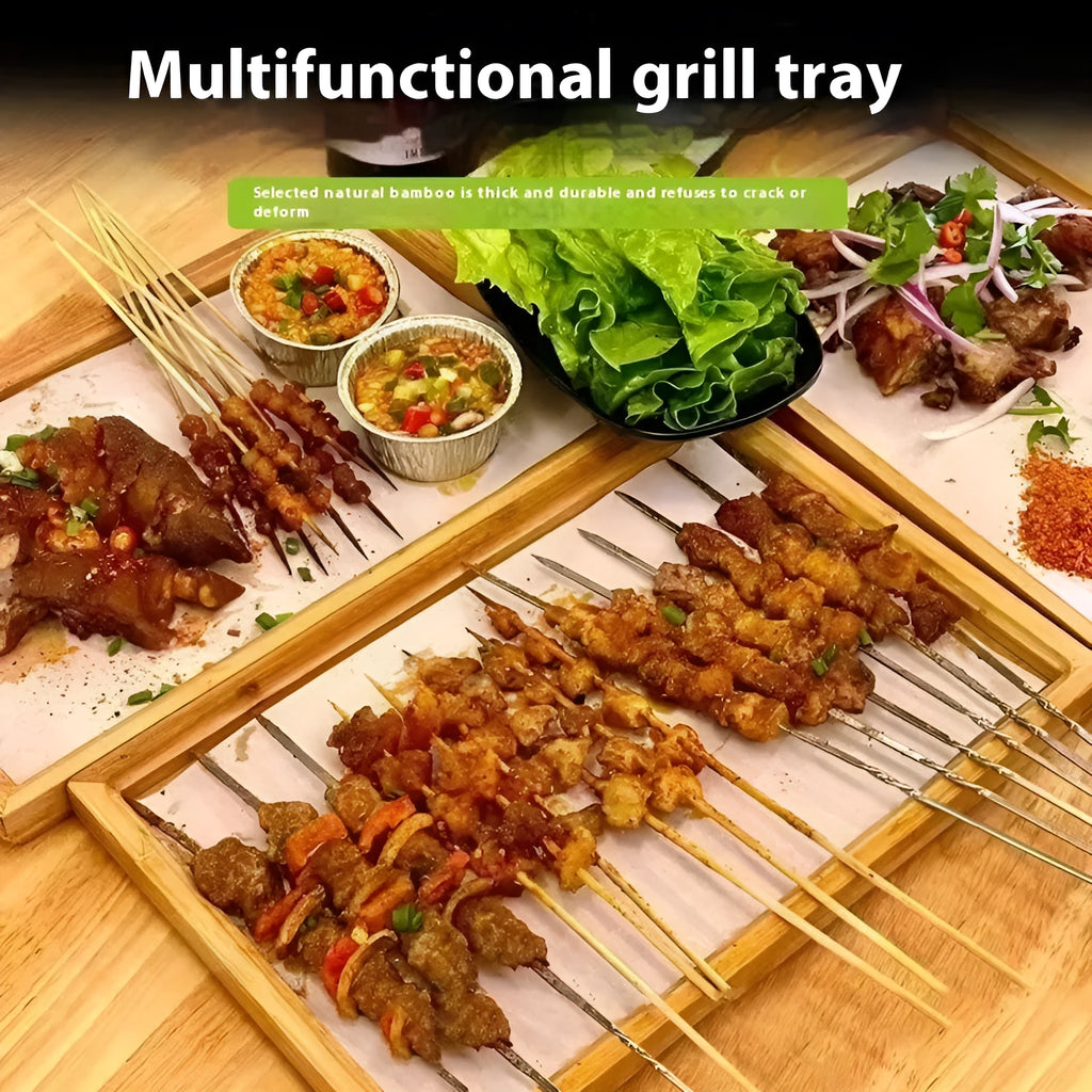 Brown-handled bamboo serving tray in square shape for barbecue shops and hotels.