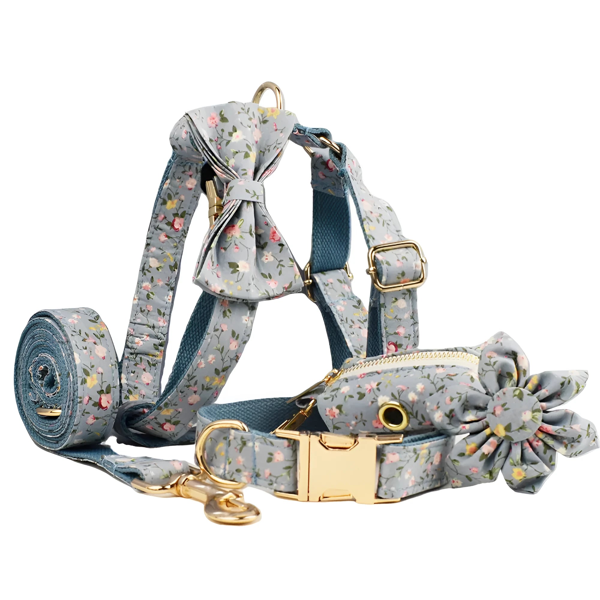 Blue floral pattern dog collar set with matching leash, vest, and accessories on white background